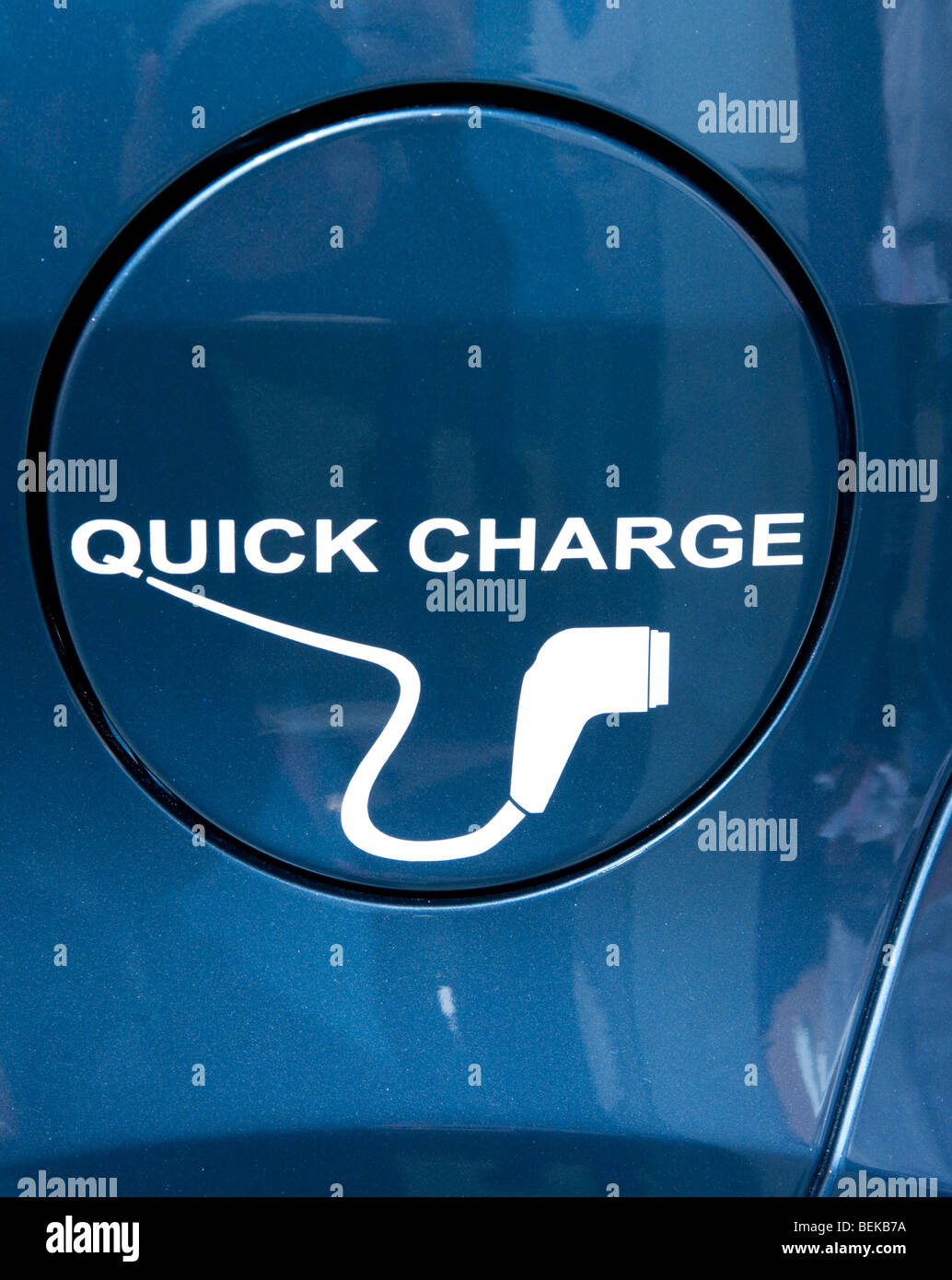 Detail of cap over electric recharging plug fitted to new electric car at the Frankfurt Motor Show 2009 Stock Photo