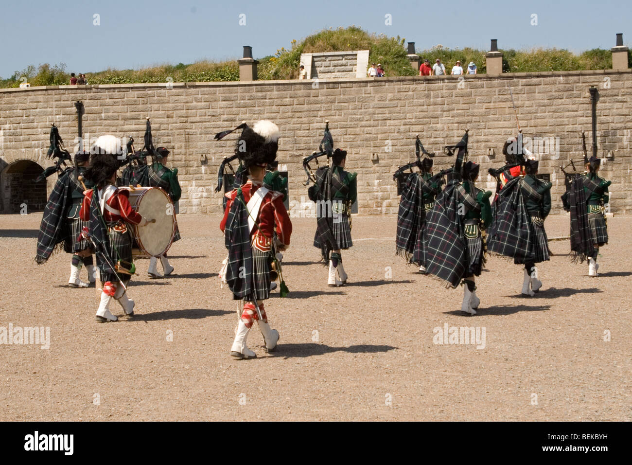 Scottish Guardsmen march at high noon at the Citadel Fortress in Halifax, Nova Scotia, UK. Stock Photo