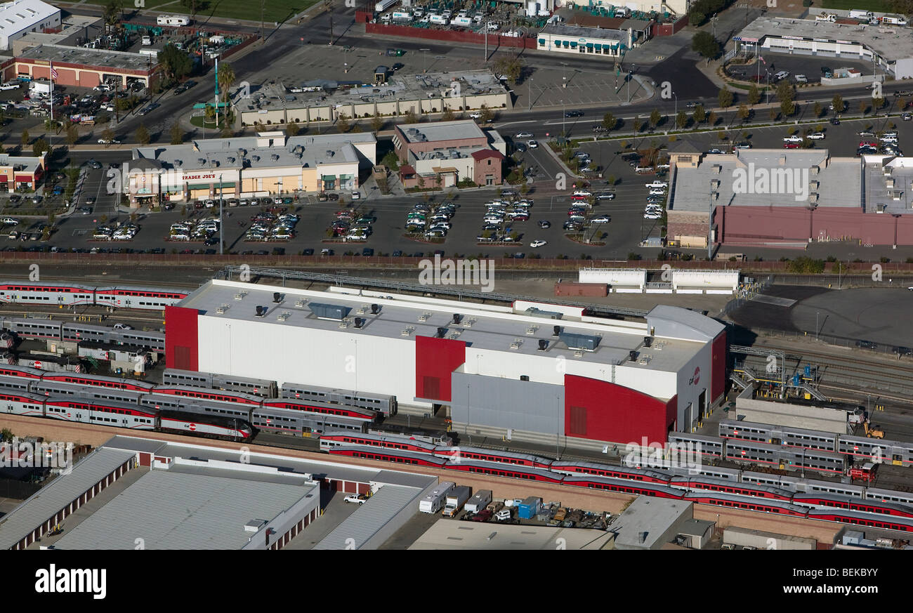 aerial view above CalTrain railroad terminal San Jose California Stock Photo