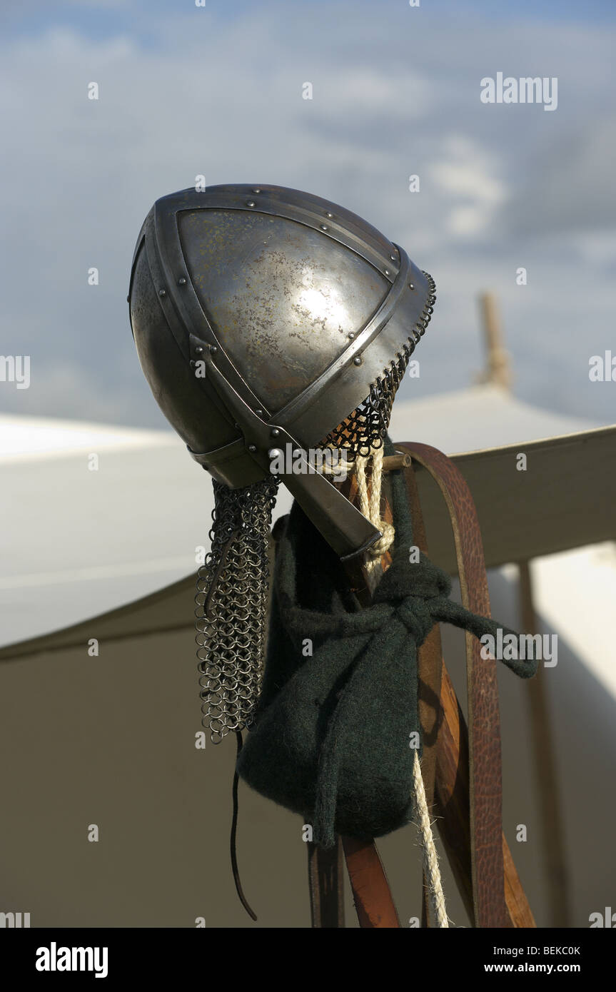Steel helmet with chainmail aventail at Viking reenactment in Tiel in