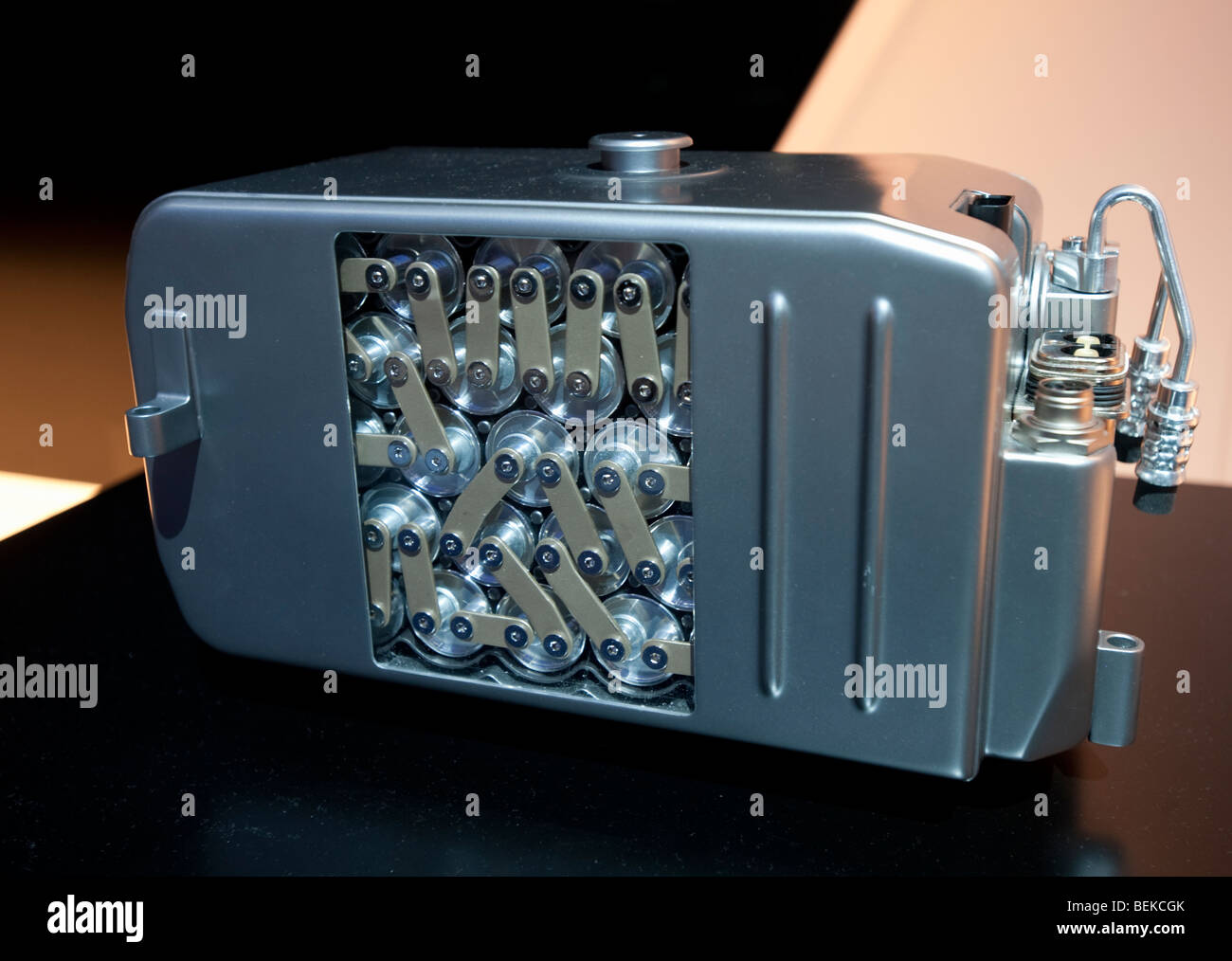 Detail of advanced lithium ion battery used in new electric powered cars at Frankfurt Motor Show 2009 Stock Photo