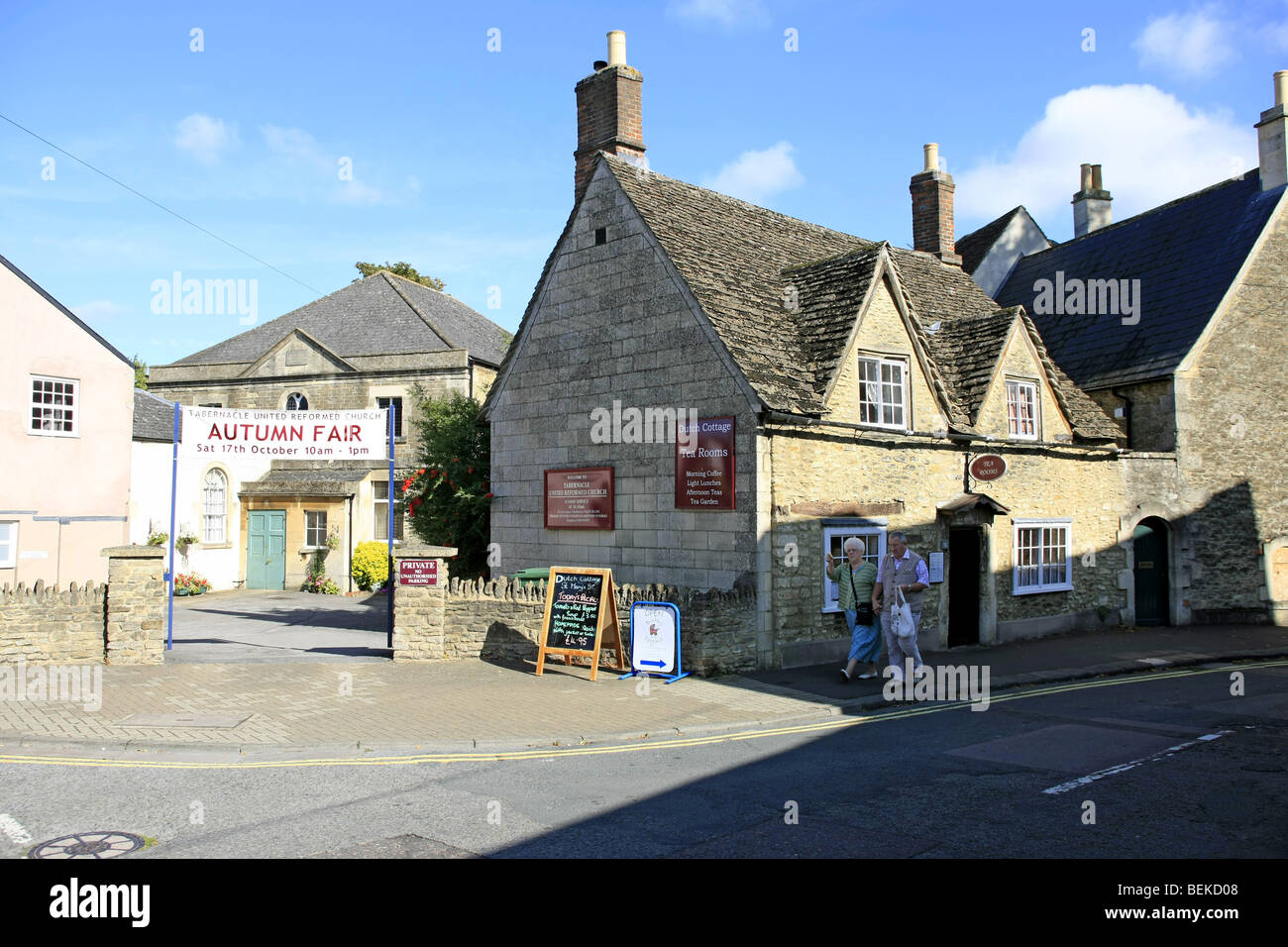 Dutch Cottage Tea Rooms and the United Reformed Church in Chippenham Wiltshire Stock Photo