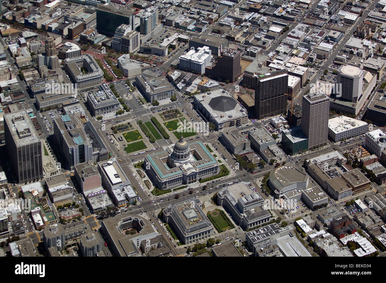 aerial view above San Francisco City Hall Civic Center Public Library Asian Art Museum Opera House Stock Photo