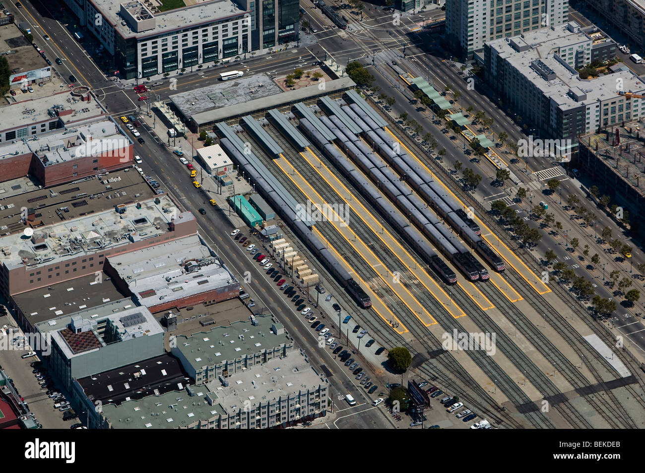 aerial view above CalTrain passenger rail road terminal San Francisco