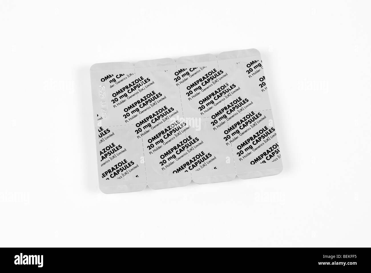Blister packs of Omeprazole Gastro-Resistant Capsules used to treat Ulcers Stock Photo