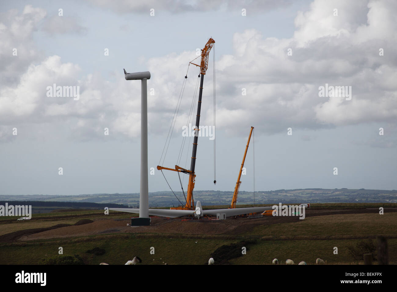 wind turbine blade assembly ready for lifting onto tower Stock Photo