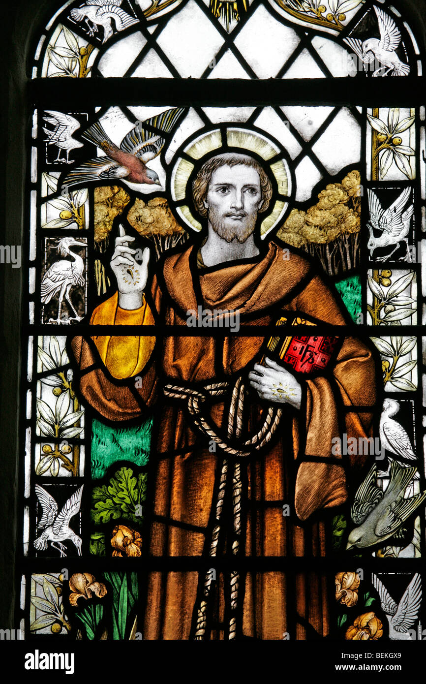 Detail of a stained glass window depicting St Francis of Assisi, St