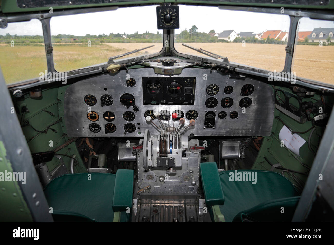 Inside the cockpit of 'SNAFU Special', a Dakota C47, used in the D-Day landings at the Merville Battery, Normandy. Stock Photo