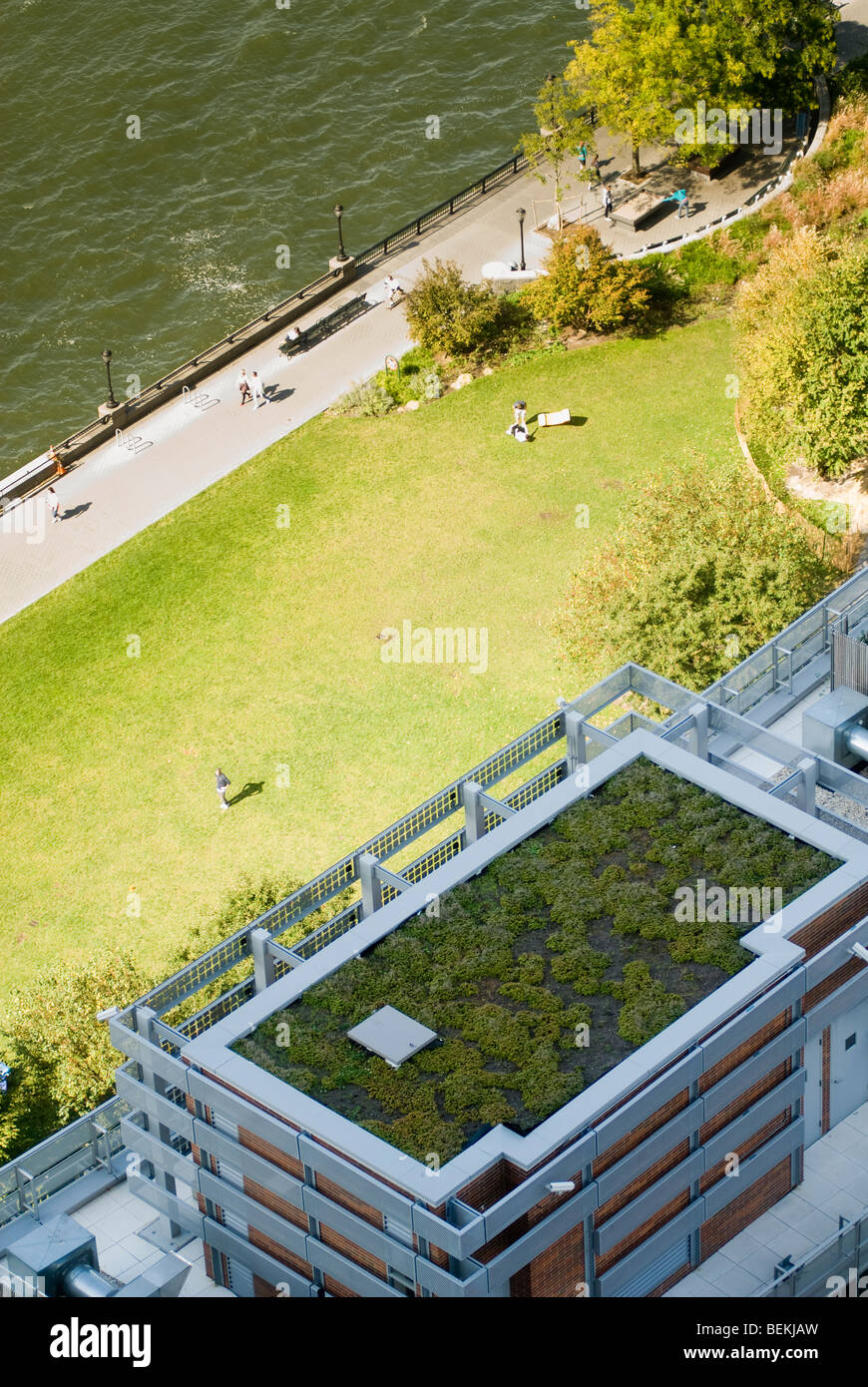 Green roof of the Riverhouse in Battery Park City, with Hudson River Park behind it, in New York Stock Photo