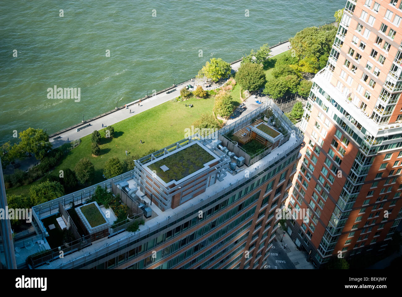 Green roof of the Riverhouse in Battery Park City, with Hudson River Park behind it, in New York Stock Photo