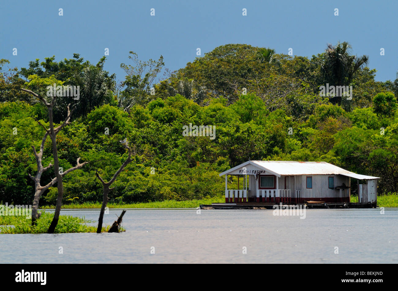 Floating house used by community health services. Riverside village at a Solimoes river arm. Manaus, Amazon, Brazil. Stock Photo
