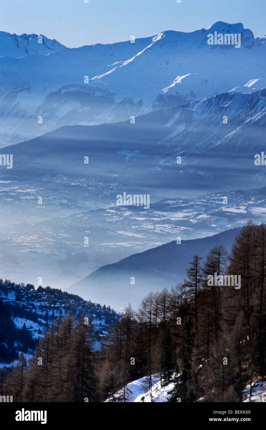 View over Val d'Anniviers in winter, Wallis, Switzerland Stock Photo
