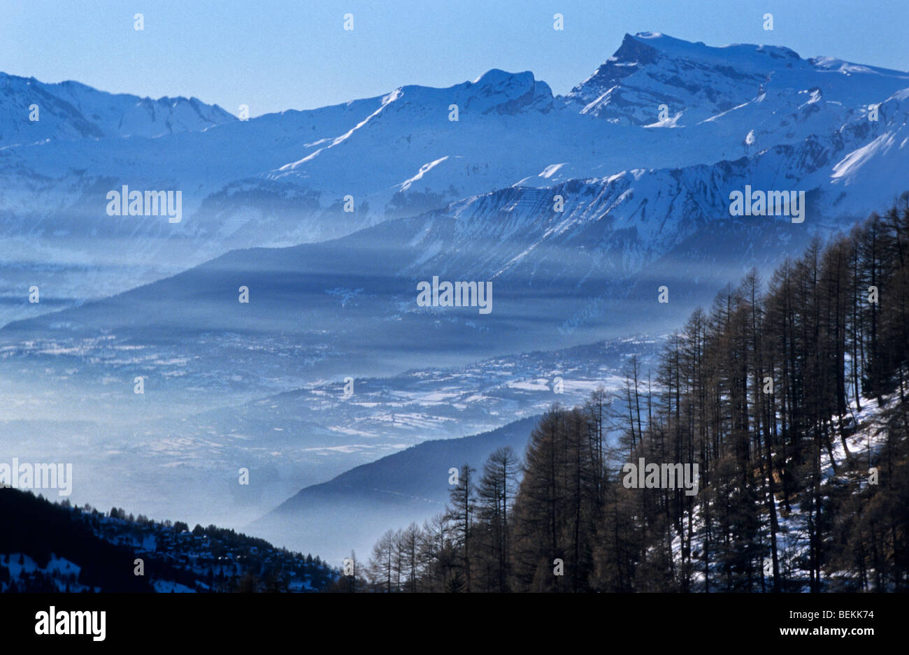 View over Val d'Anniviers in winter, Wallis, Switzerland Stock Photo