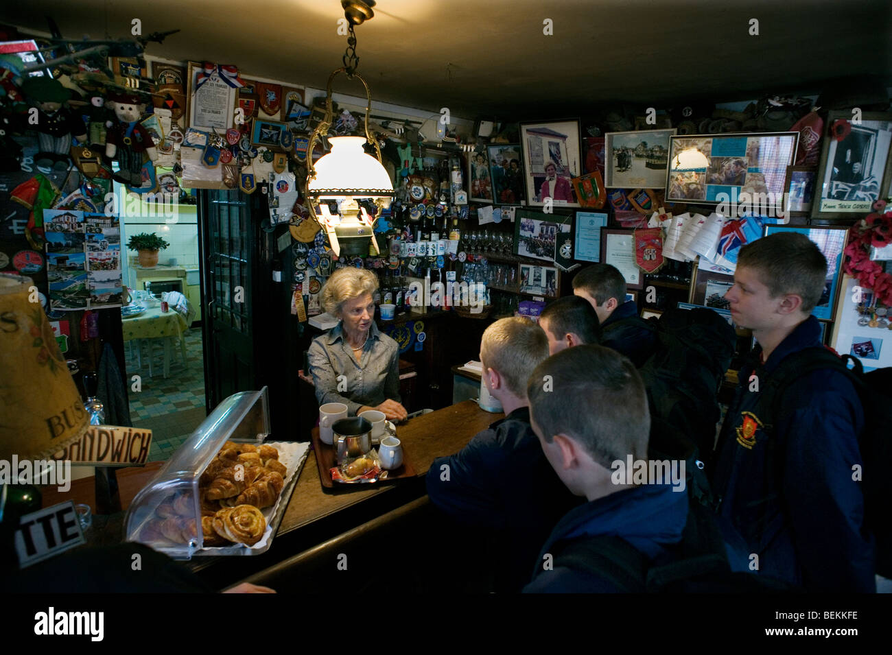 Arlette Gondree-Pritchett in the Cafe Gondree at Pegasus Bridge, Benouville, Normandy, France. Stock Photo