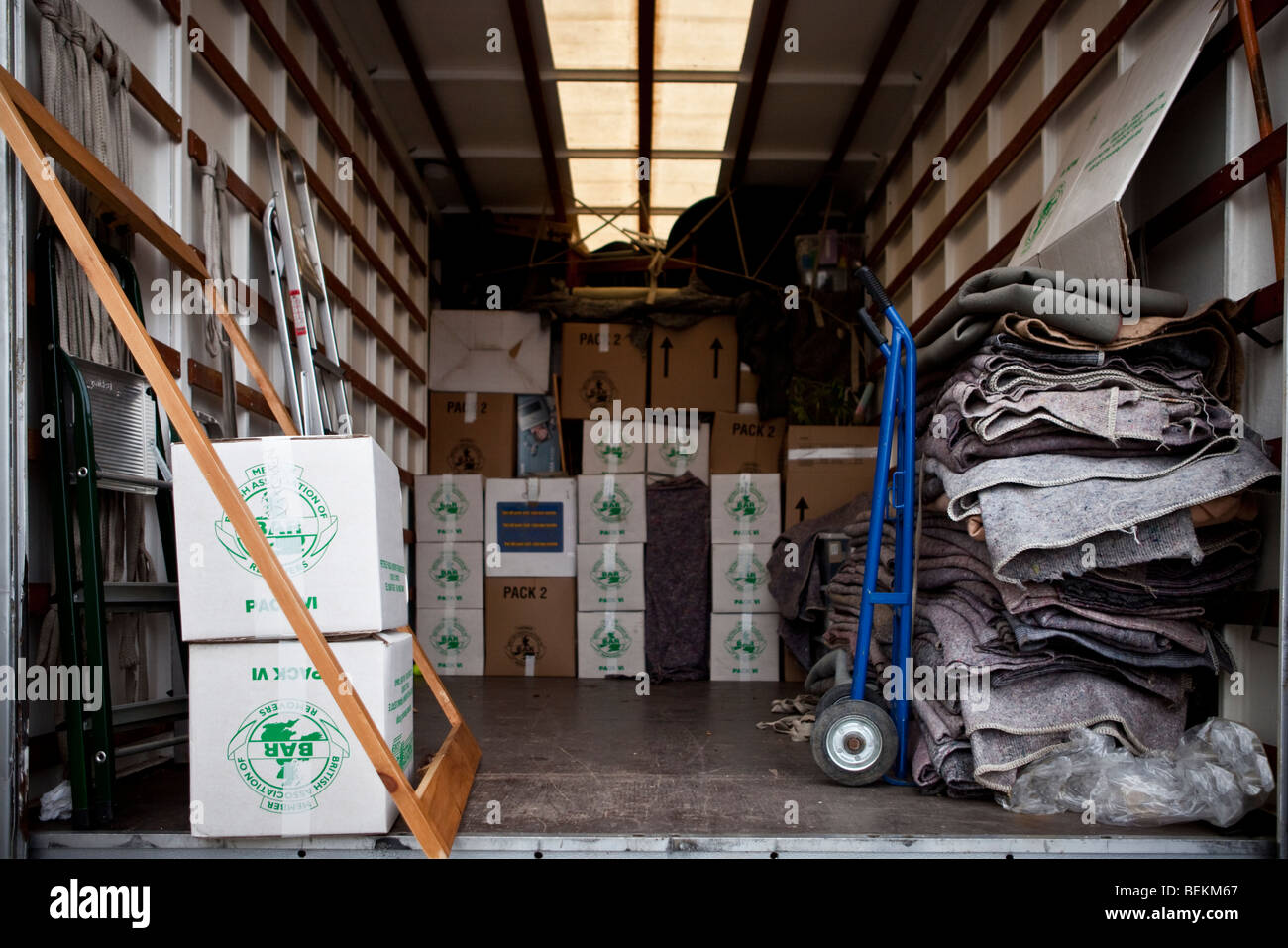 Interior of a removal truck that is being loaded / unloaded as part of a house move. Stock Photo