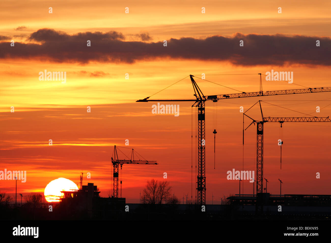 tower cranes at the airport Leipzig-Halle, Germany Stock Photo