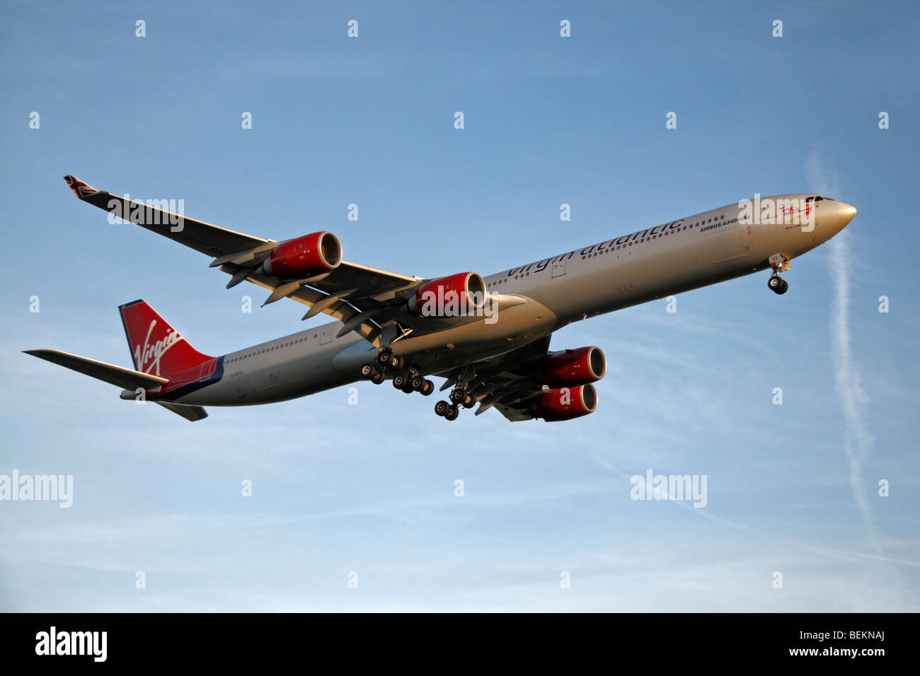 A Virgin Atlantic Airbus A340-600 coming in to land at London Heathrow, UK.  August 2009. (G-VFOX) Stock Photo