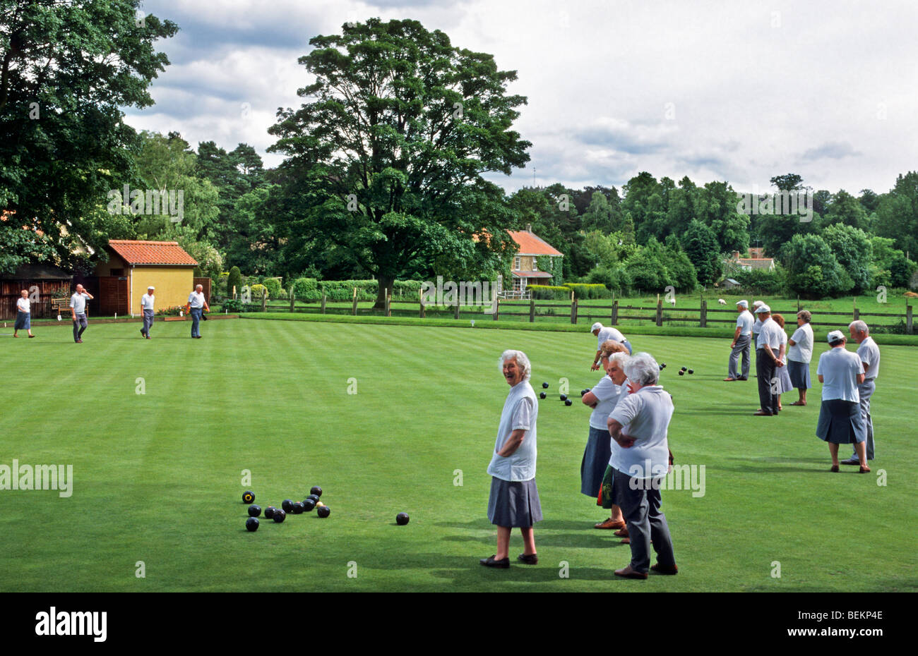 Elderly people playing lawn bowls tournament in Yorkshire, England, UK Stock Photo