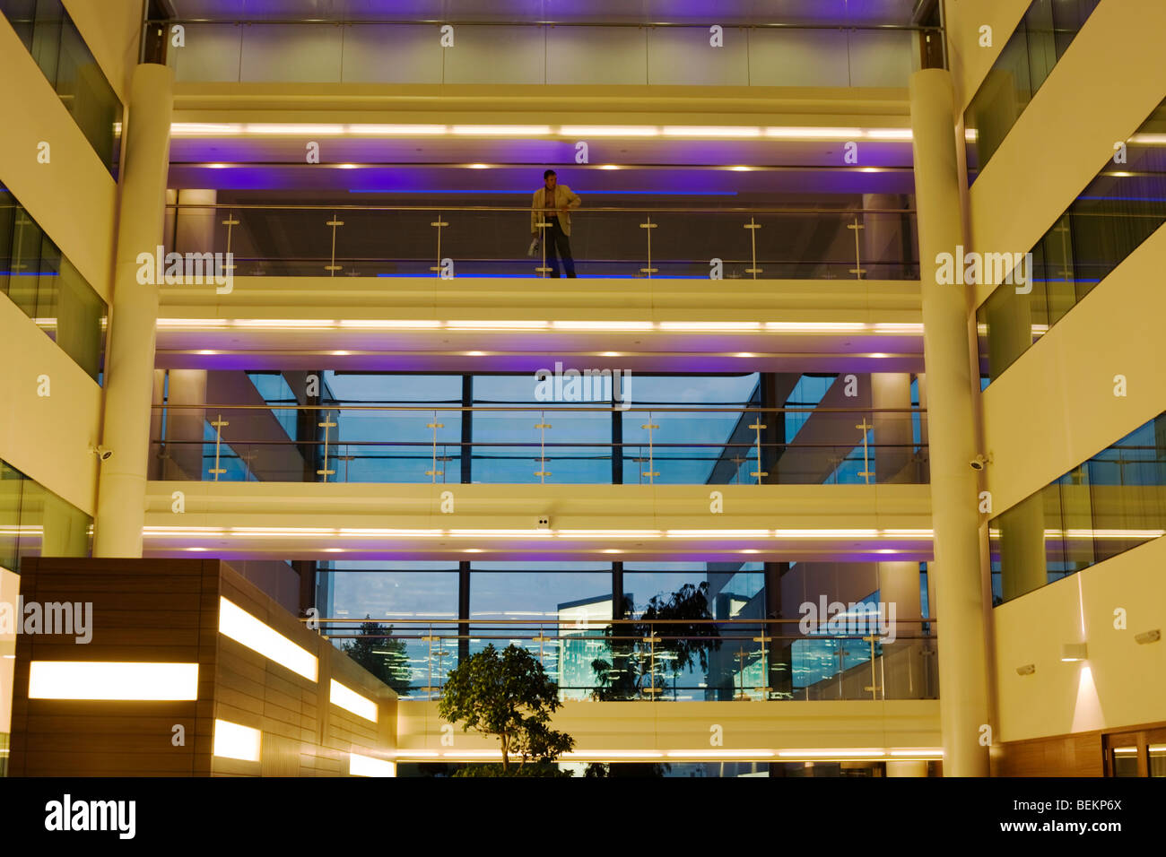 A guest looks out from a walkway down on to a wide atrium within Sofitel at Heathrow Airport's Terminal 5. Stock Photo