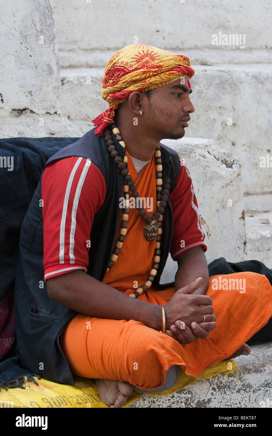 Pashupatinath, Nepal. Young Sadhu (Holy Man) at Nepal's Holiest Hindu Temple. Stock Photo