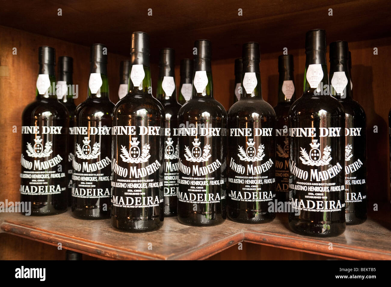 Bottles of dry Madeira wine for sale, Funchal, madeira Stock Photo