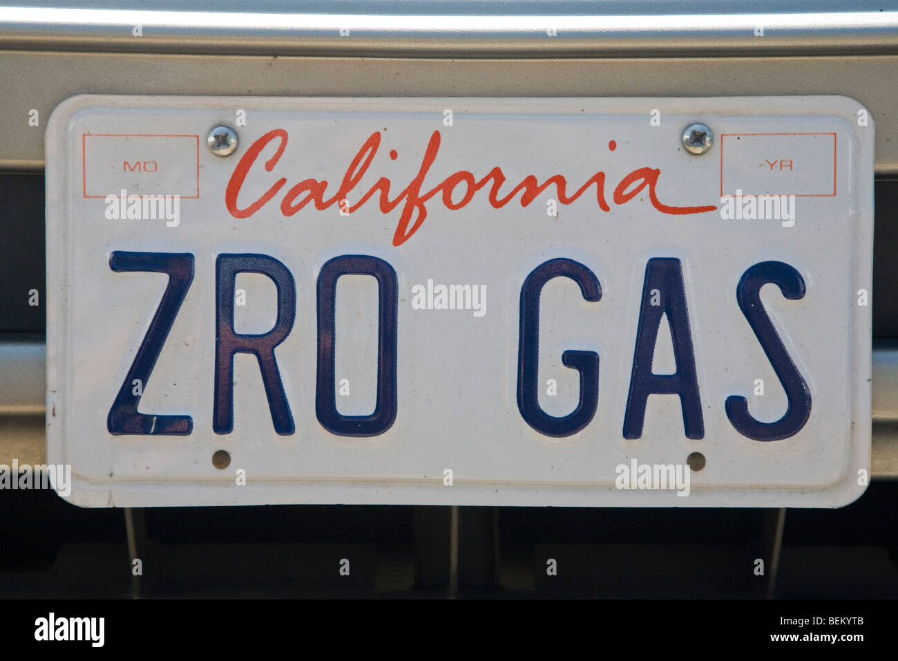 Close up of 'ZRO GAS' (Zero Gas) license plate. Electric Vehicle Rally