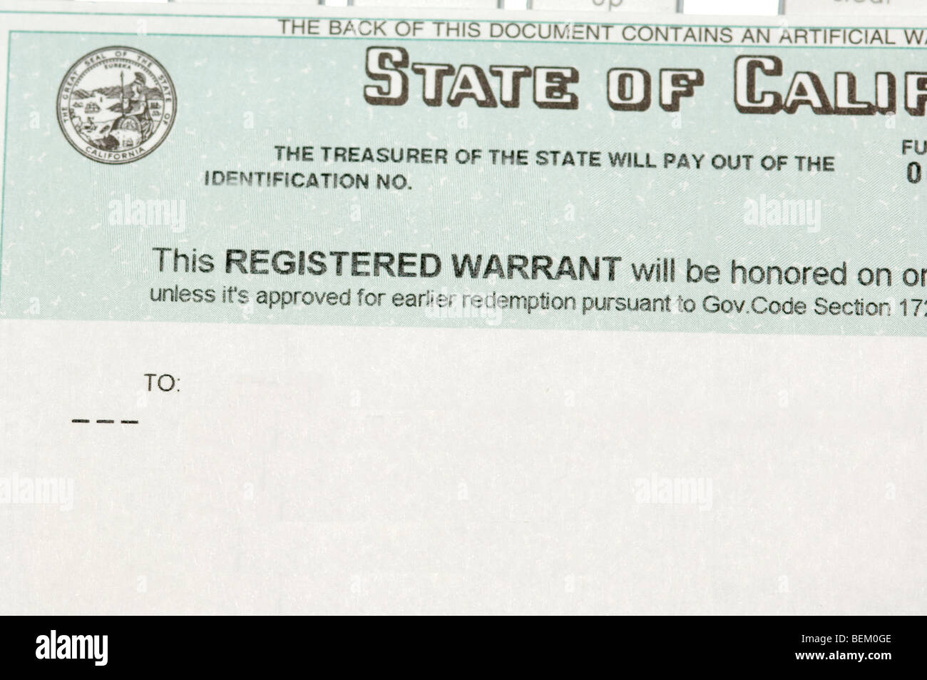 Cash-strapped California issues 'registered warrant' also known as an IOU instead of checks that recipients can cash. Stock Photo