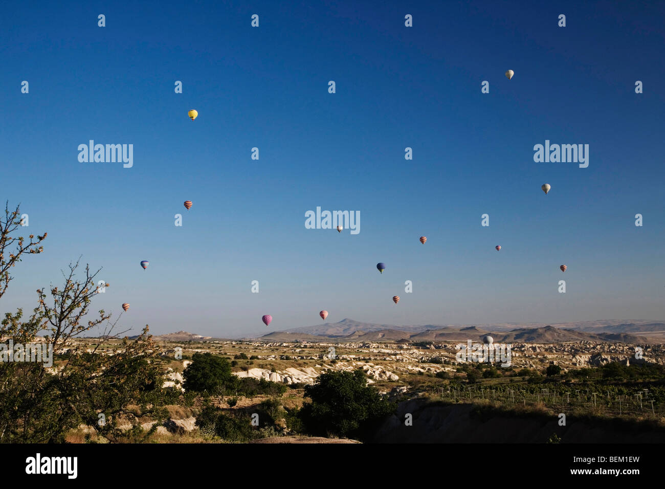 Hot Air Ballooning over Cappadocia, near Uchisar, Turkey, Europe Stock Photo
