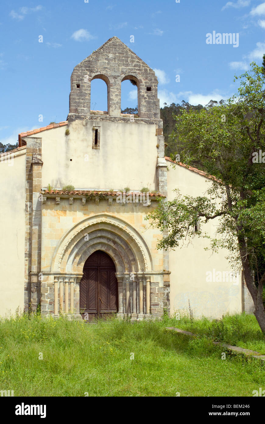 An old abandoned monastery in Asturias, Spain. La iglesia del monasterio de San Antolín de Bedón. Stock Photo