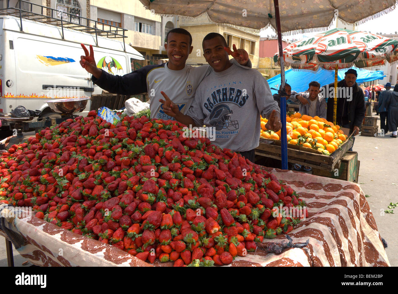 Market vendors selling strawberries, Casablanca, Morocco, Africa Stock