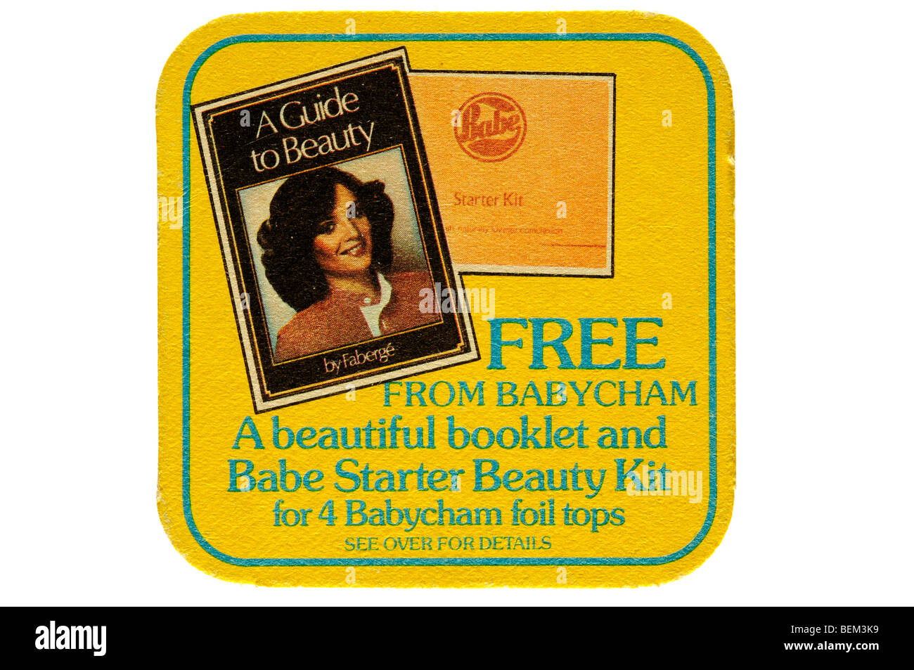 free from babycham a beautiful booklet and babe starter beauty kit for 4 foil babycham tops Stock Photo