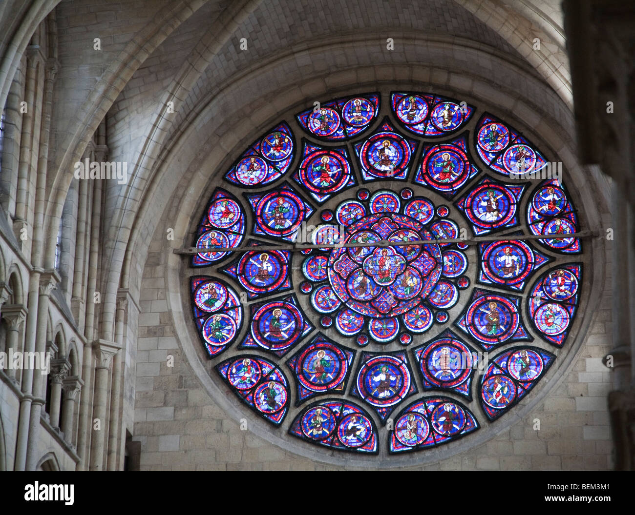 Stained glass window, cathedral of Notre Dame, Laon Stock Photo