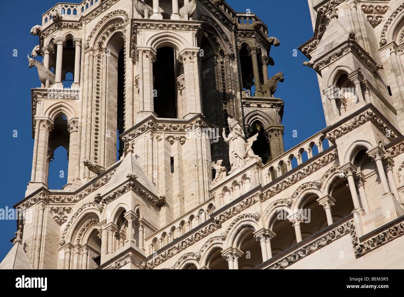Part of upper west facade, cathedral of Notre Dame, Laon Stock Photo