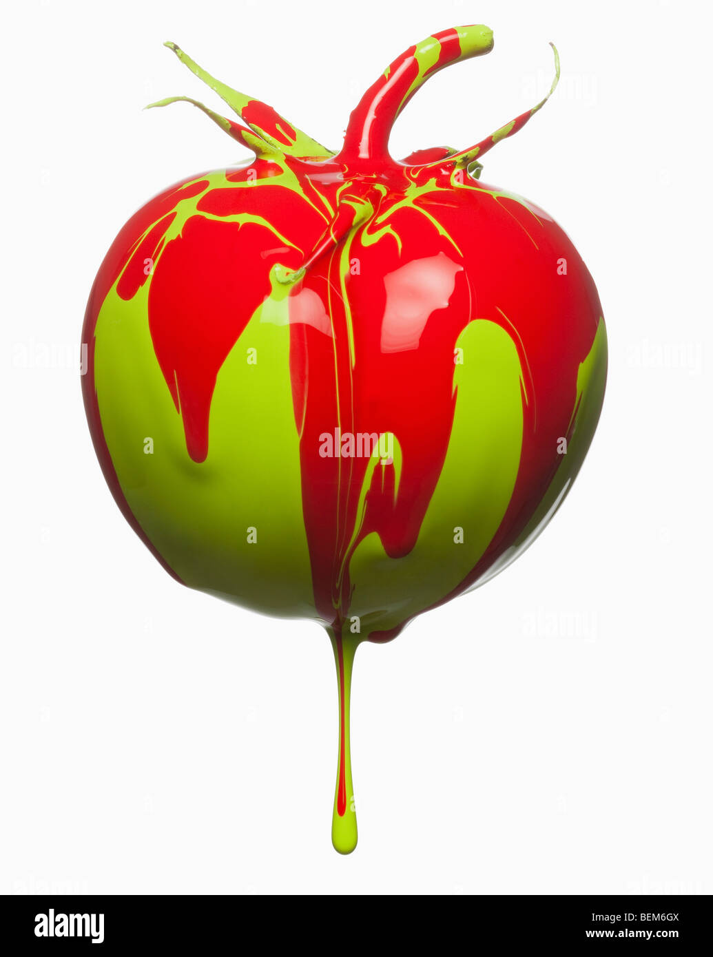 Tomatoe dripping with color Stock Photo