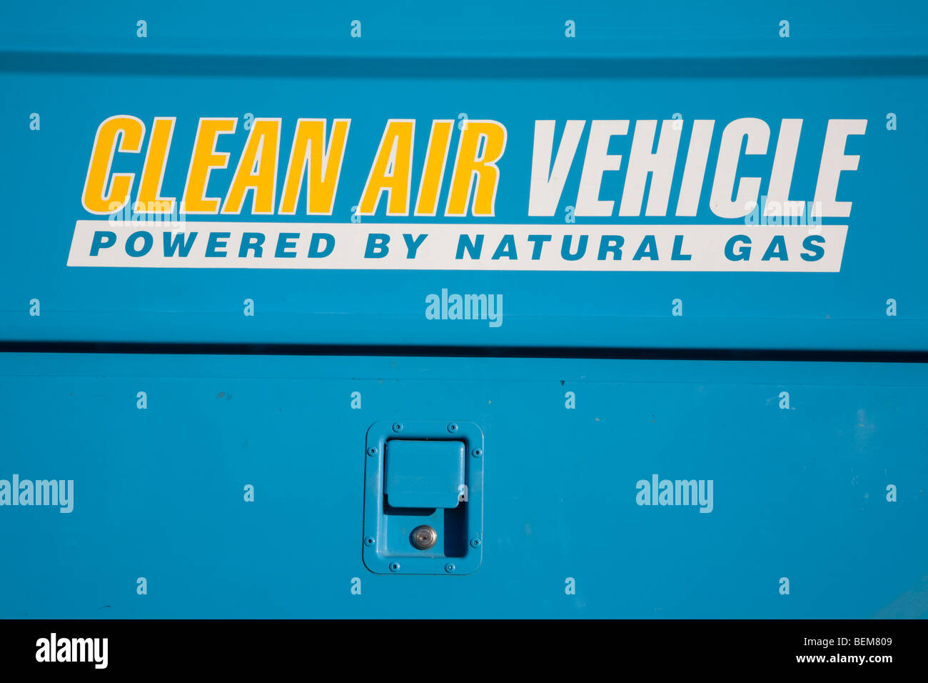 A close up of Clean Air Vehicle sign on a utility truck by PG&E. Cupertino, California, USA Stock Photo