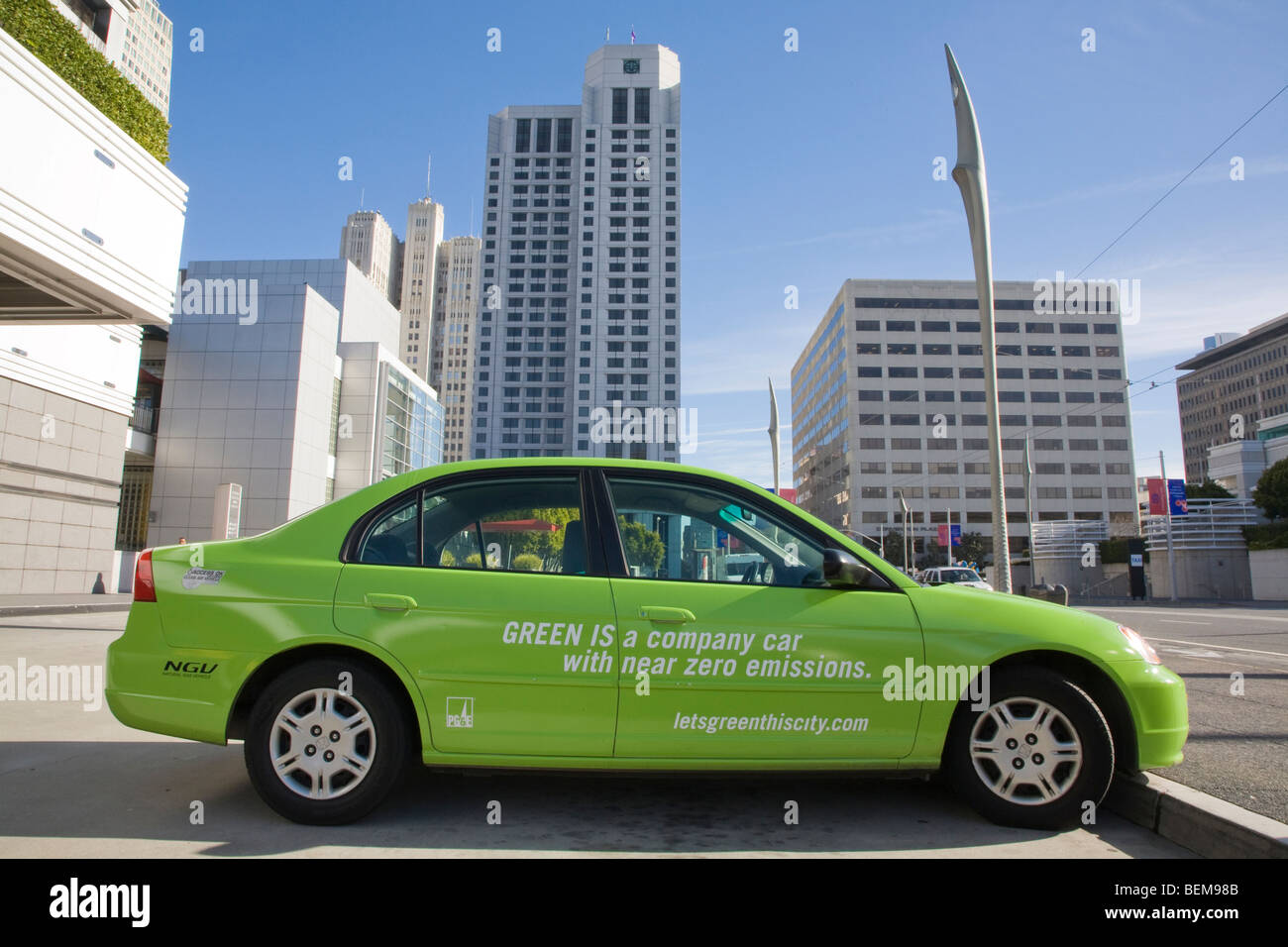 Green Honda natural gas vehicle (NGV) parked at Moscone Center in San Francisco during the Carbon Forum America event in 2008. Stock Photo