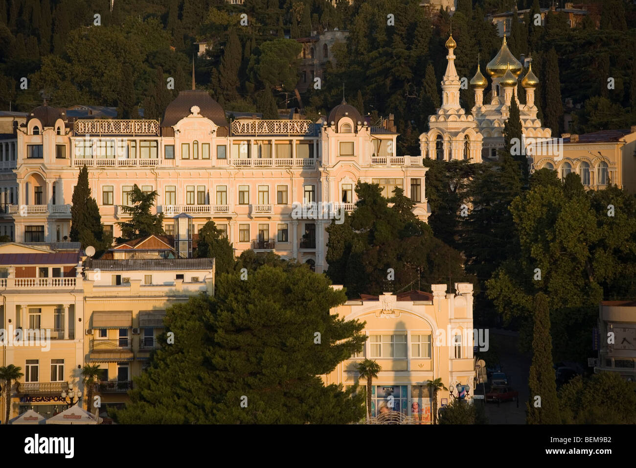 Ukraine Crimea Yalta, with hotels & Alexander Nevski church Stock Photo