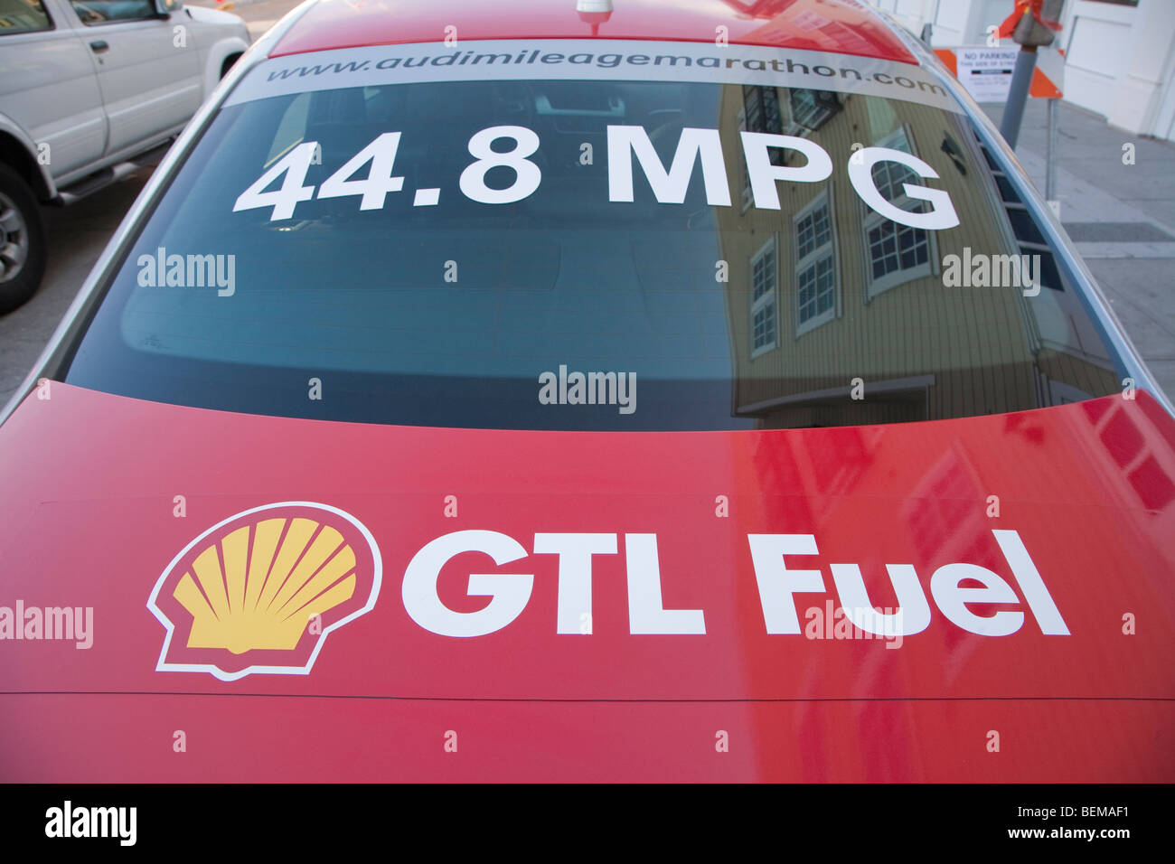 A close up of a red Audi car promoting Shell's GTL fuel (GTL stands for gas to liquids) and high fuel efficiency. Stock Photo
