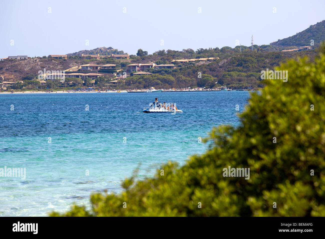 Cal Brandinchi, Sardinia, Italy. Emerald water sea. Family on a boat in summer. Italy Stock Photo