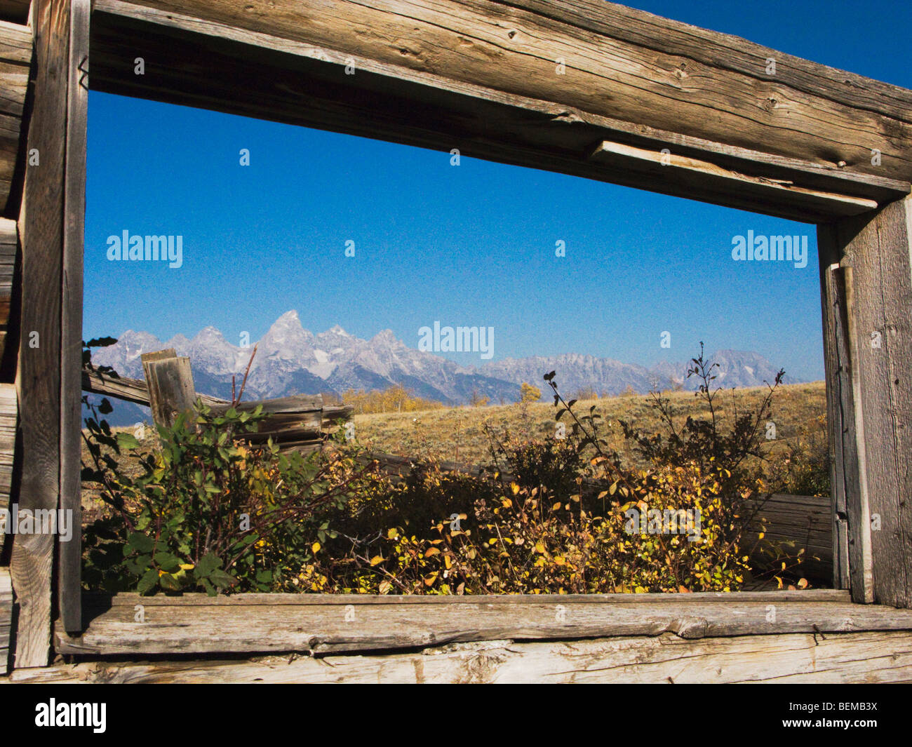 Old wooden Barn and grand teton range, Antelope Flats, Grand Teton NP,Wyoming, USA Stock Photo