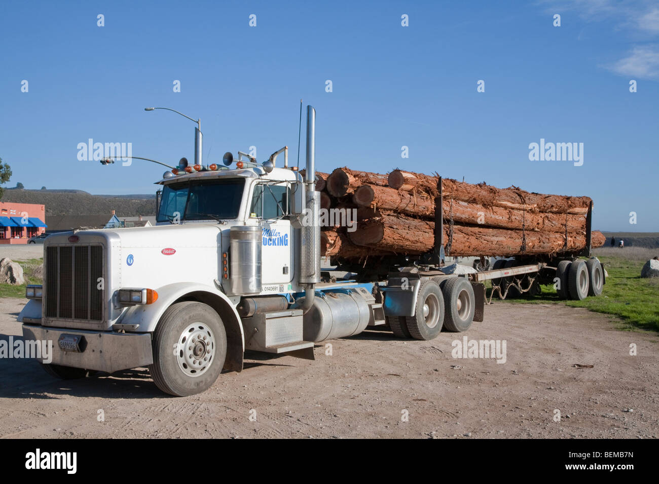 A logging truck carrying redwood tree trunks in Davenport, California, USA. Stock Photo