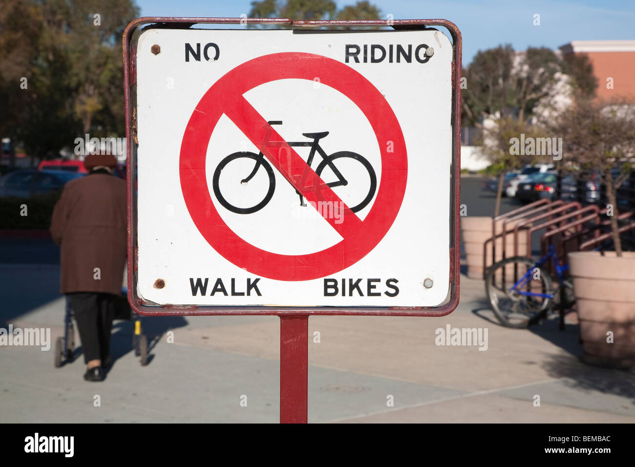 No bike riding sign at San Antonio Shopping Center. Mountain View, California, USA Stock Photo