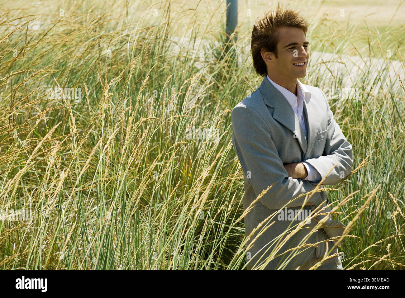 Businessman standing in tall grass with arms folded looking away Stock Photo