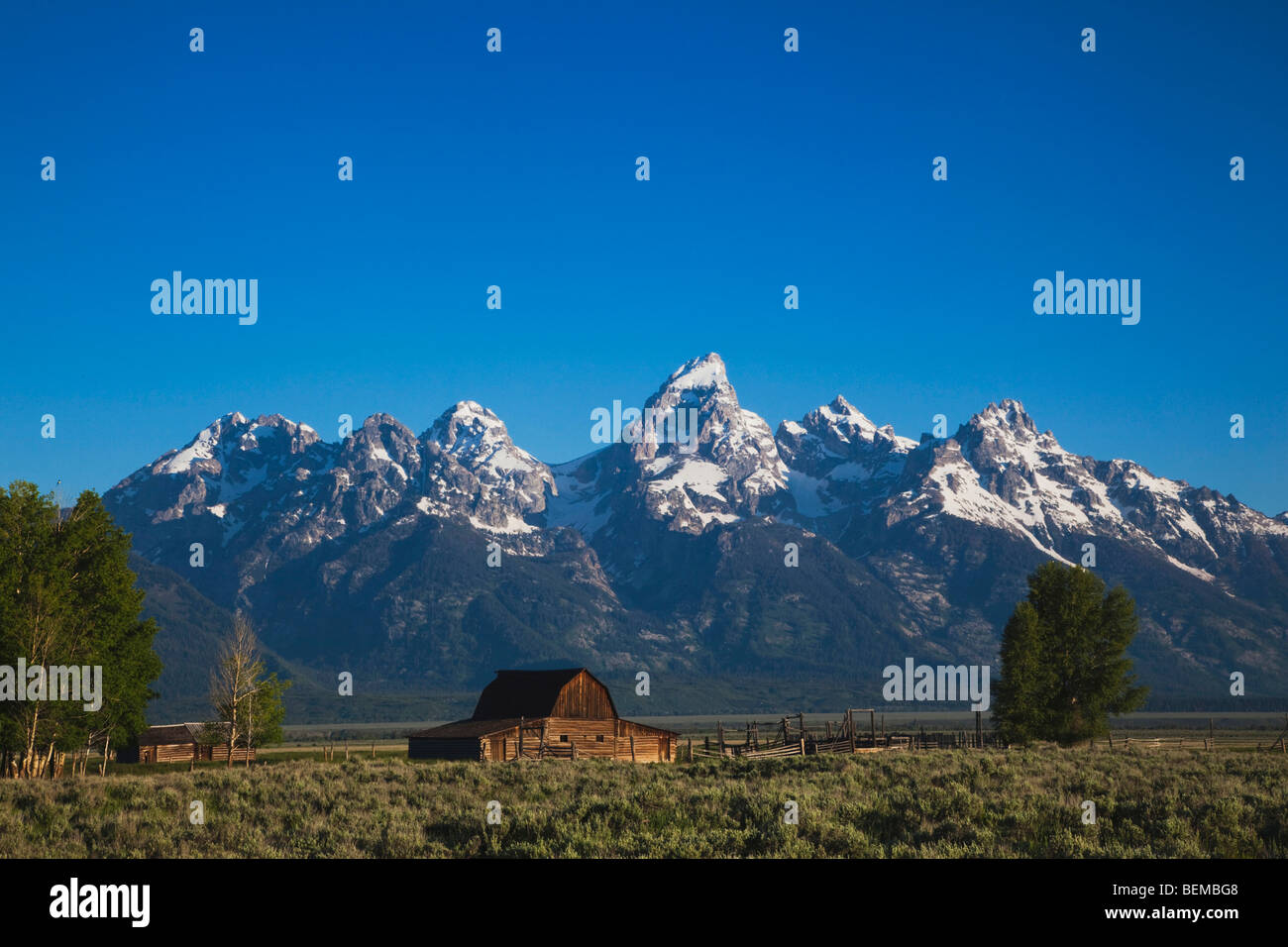 Old wooden Barn and grand teton range, Antelope Flats, Grand Teton NP,Wyoming, USA Stock Photo