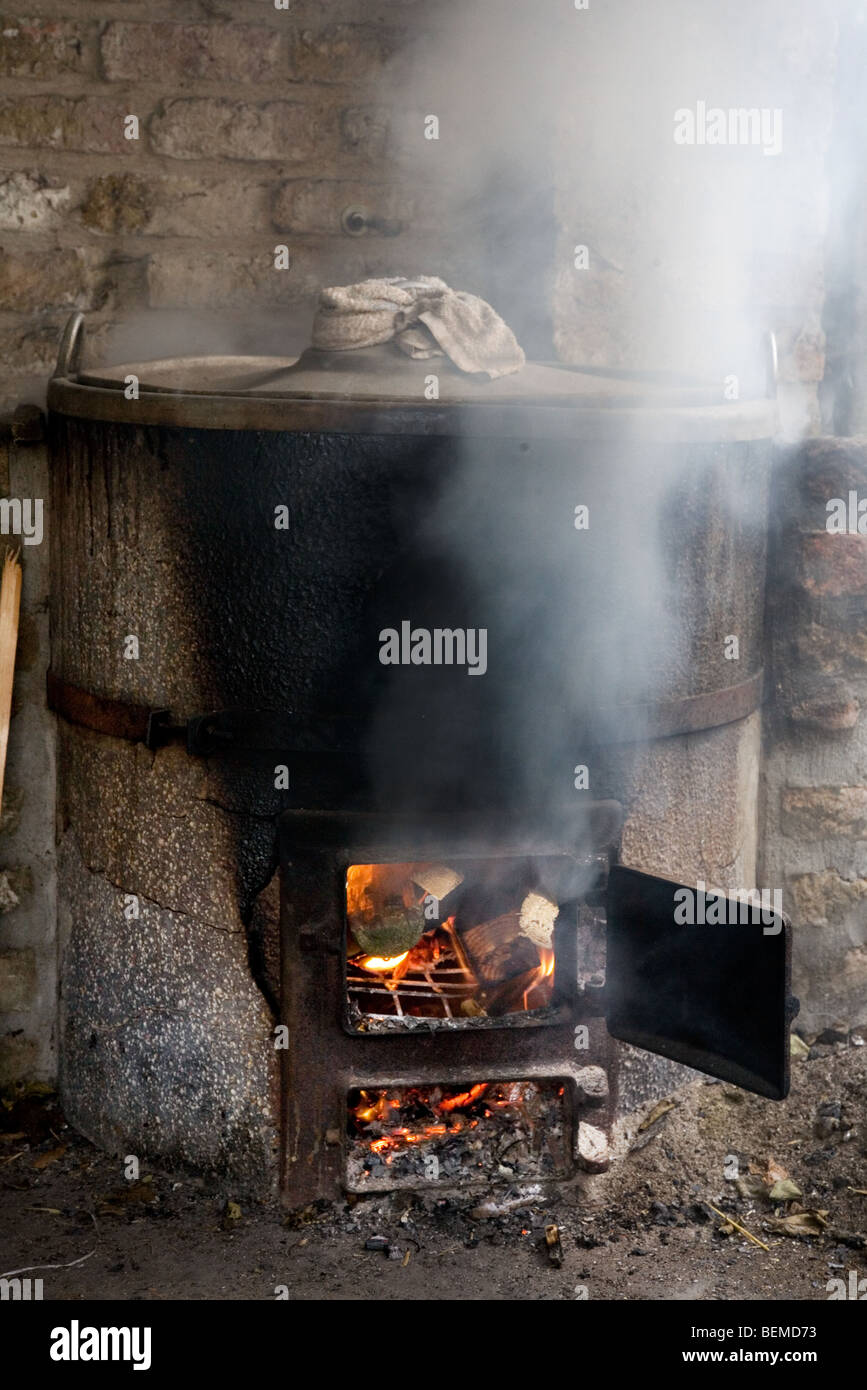 Fixed boiler for cooking shrimps, Oostduinkerke, Belgium Stock Photo