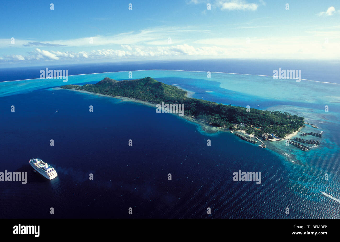 Aerial photo of Bora Bora in turquoise South Pacific. French Polynesia. Stock Photo