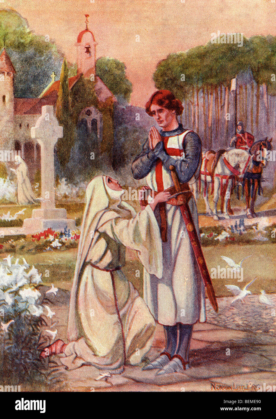 A nun binds the waist of Sir Galahad with a belt made of her hair and a device representing The Holy Grail in crimson and silver Stock Photo