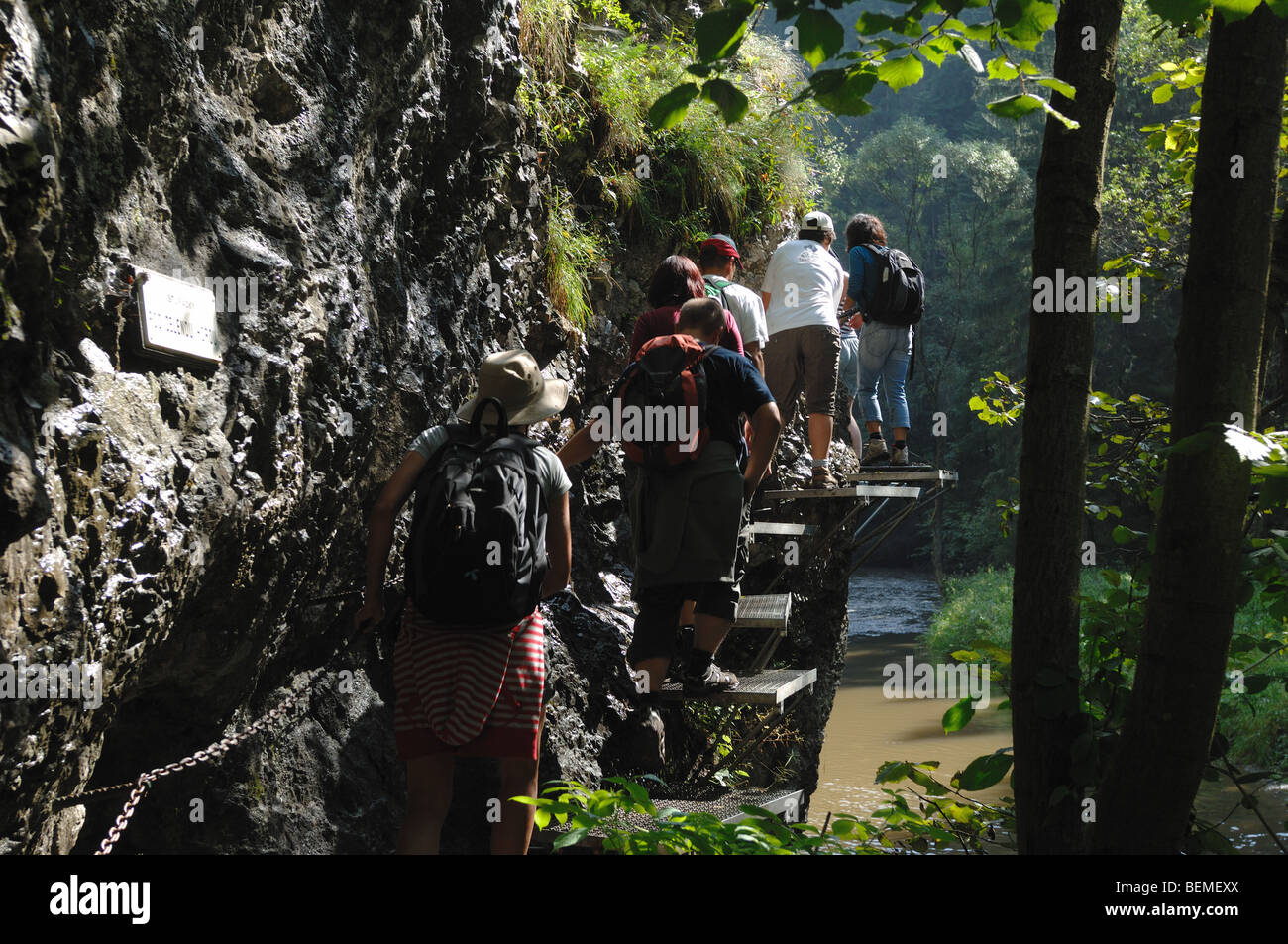 People on the Iron walkway along the Hornad River Canyon Slovensky Raj slovakia Stock Photo