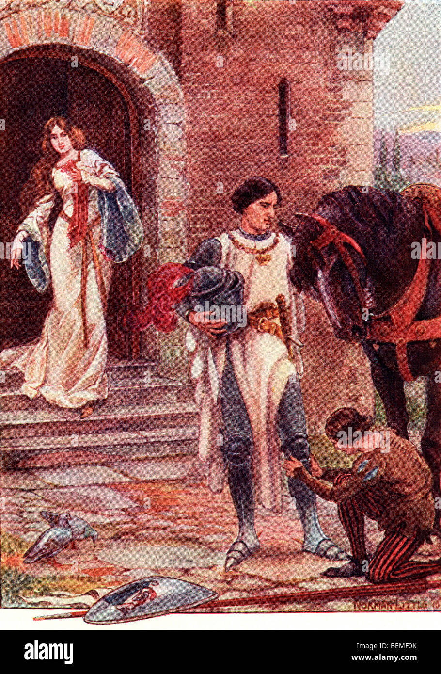 Sir Lancelot and Elaine. Coloured illustration from the book The