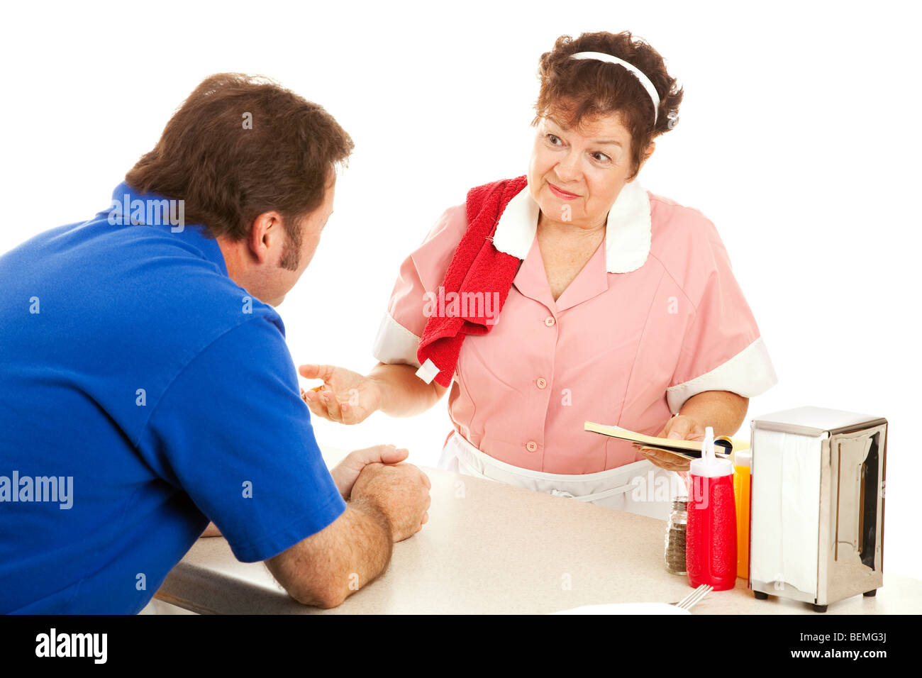 Waitress taking a customer's order at a lunch counter. Isolated on ...